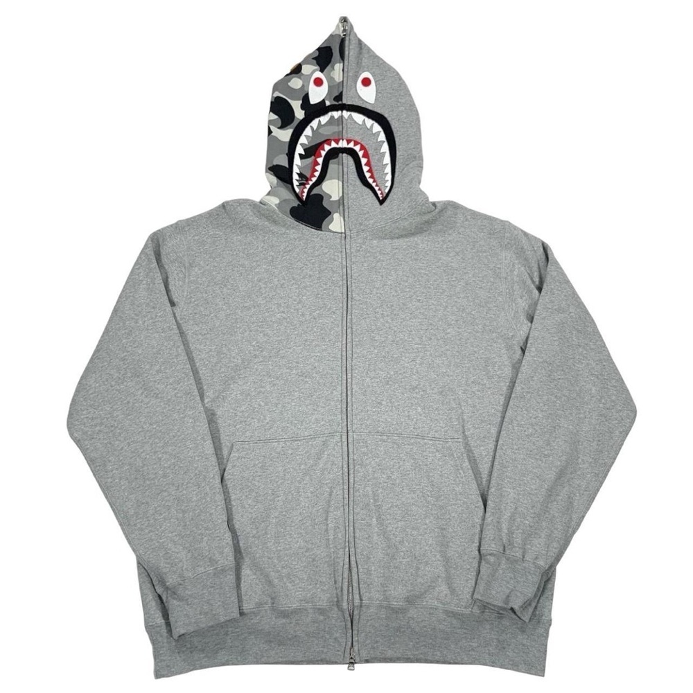 Vintage A Bathing Ape Bape Mens Gray Black & White Split Camo Shark Hoodie Sz XL